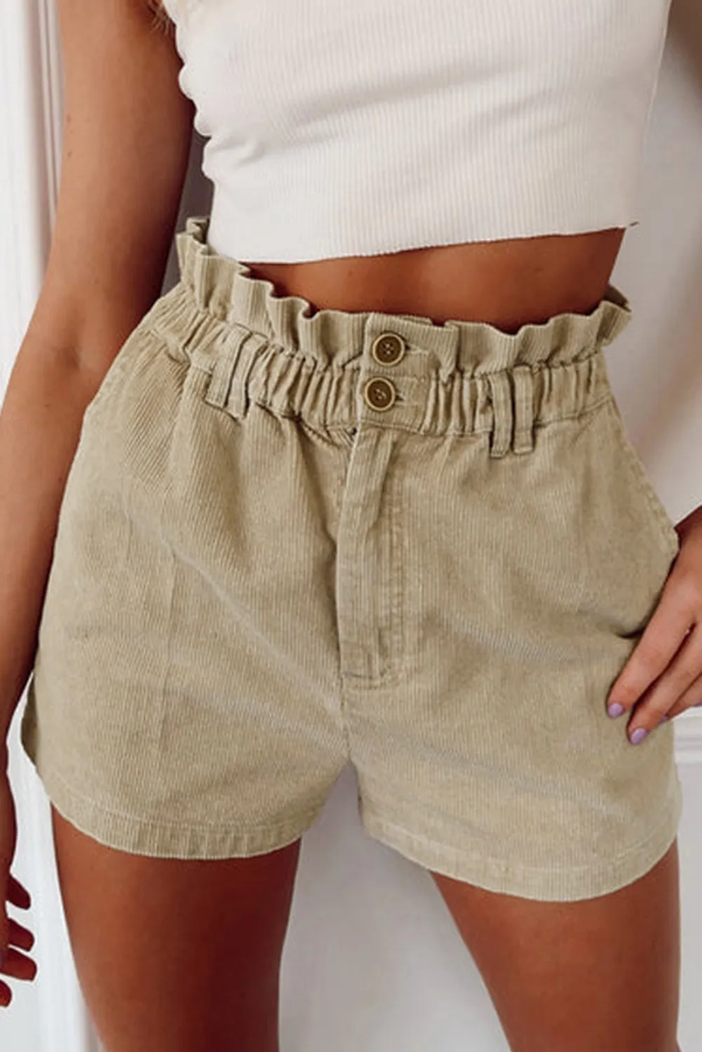 Apricot Corduroy Paperbag Waist High Waist Shorts