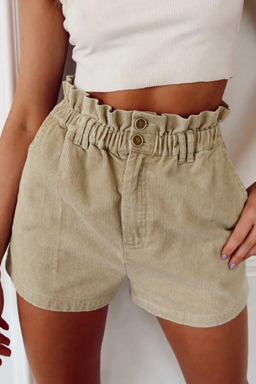 Apricot Corduroy Paperbag Waist High Waist Shorts