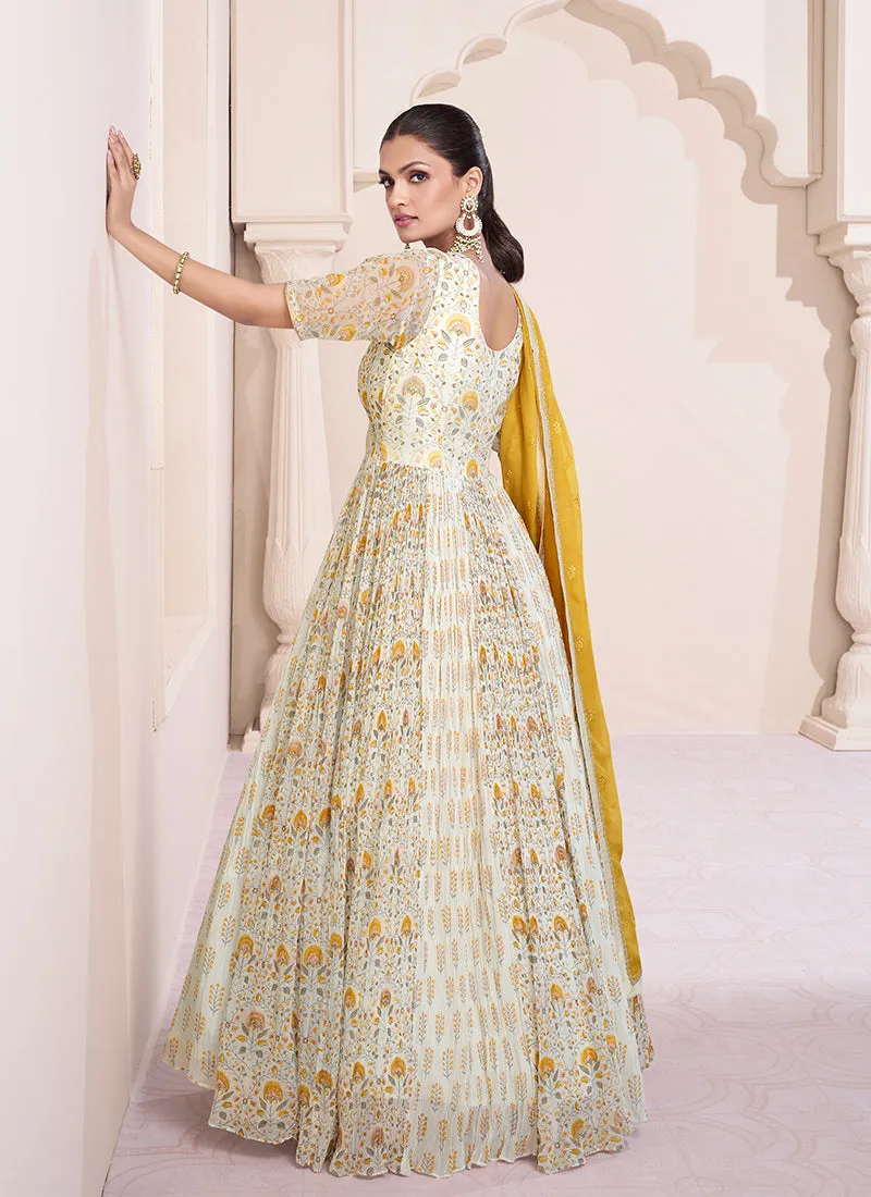 Beige And Yellow Multi Embroidery Printed Anarkali Suit