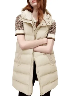 Beige Women's Long Puffer Vest Casual Sleeveless Puffy Jacket - Tanming