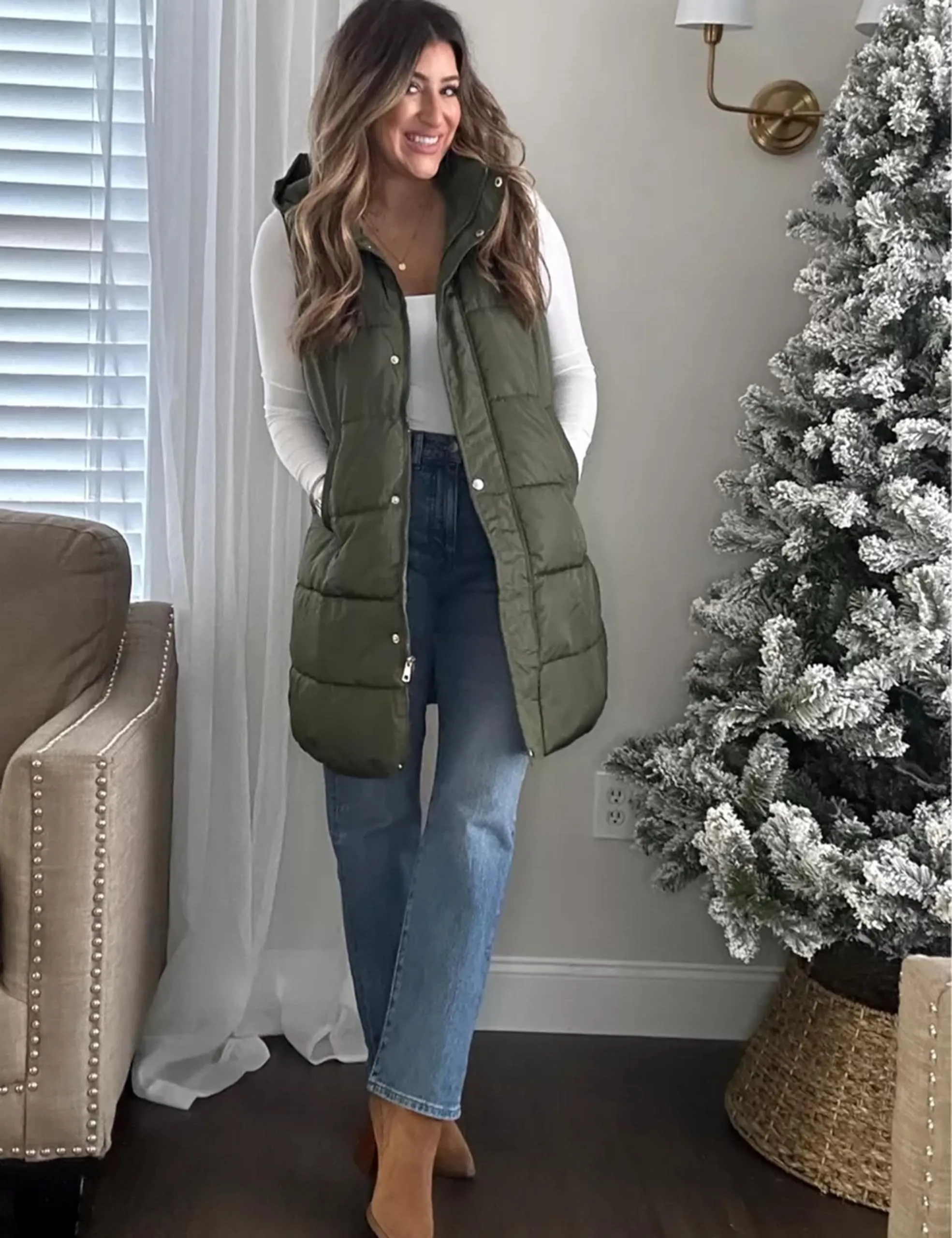 Beige Women's Long Puffer Vest Casual Sleeveless Puffy Jacket - Tanming