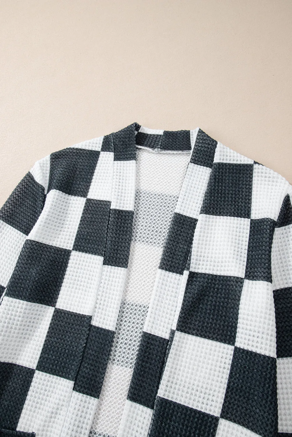 Black Checkered Waffle Knit Thumbhole Open Front Cardigan