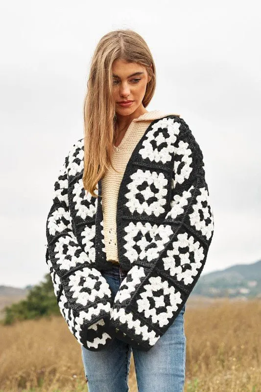 Boho Chic Two-Tone Floral Crochet Open Knit Cardigan