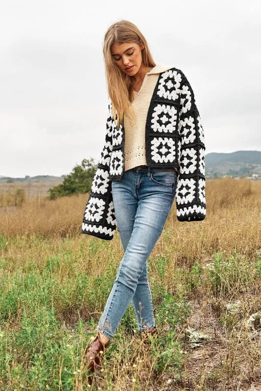 Boho Chic Two-Tone Floral Crochet Open Knit Cardigan