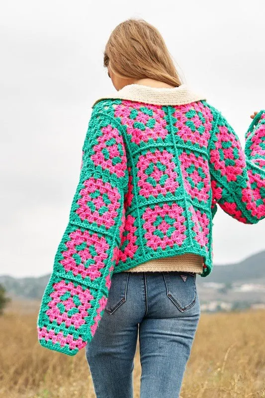 Boho Chic Two-Tone Floral Crochet Open Knit Cardigan