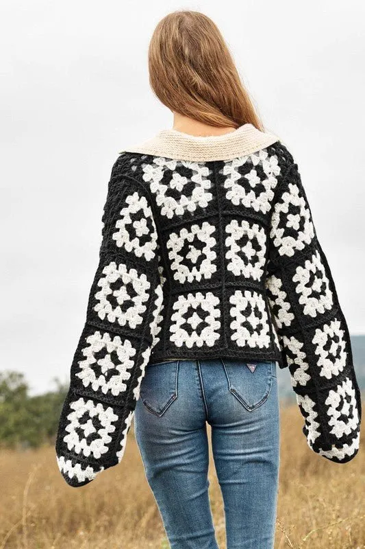 Boho Chic Two-Tone Floral Crochet Open Knit Cardigan