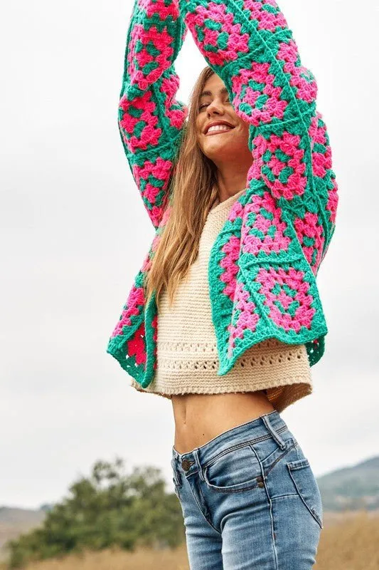 Boho Chic Two-Tone Floral Crochet Open Knit Cardigan