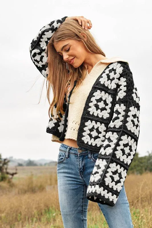 Boho Chic Two-Tone Floral Crochet Open Knit Cardigan