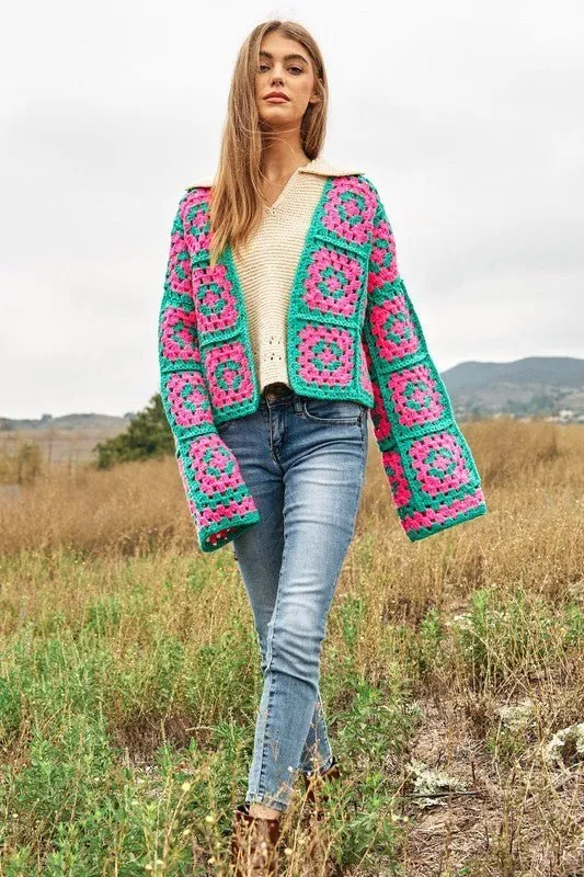 Boho Chic Two-Tone Floral Crochet Open Knit Cardigan