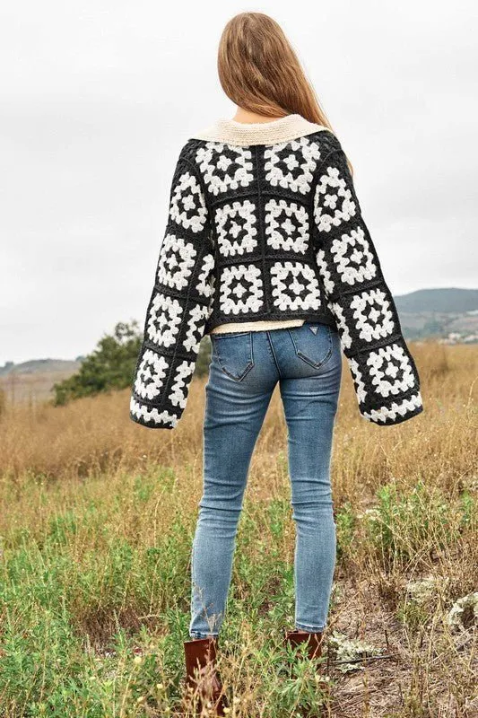 Boho Chic Two-Tone Floral Crochet Open Knit Cardigan