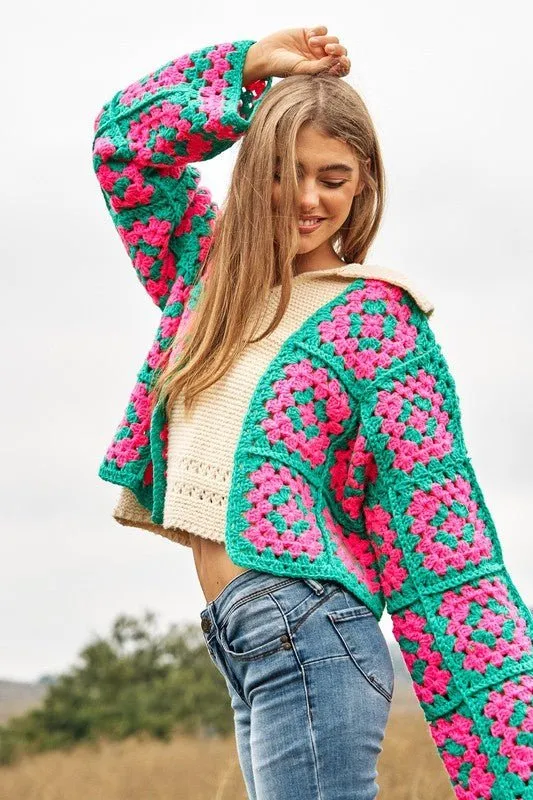 Boho Chic Two-Tone Floral Crochet Open Knit Cardigan