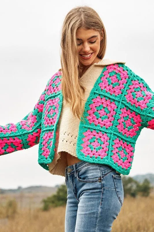 Boho Chic Two-Tone Floral Crochet Open Knit Cardigan