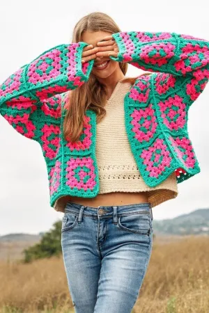 Boho Chic Two-Tone Floral Crochet Open Knit Cardigan