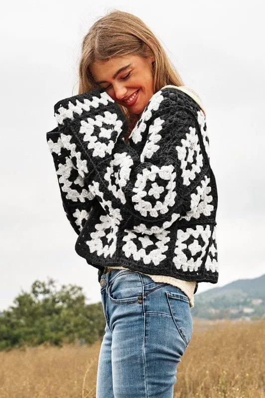 Boho Chic Two-Tone Floral Crochet Open Knit Cardigan