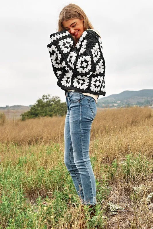 Boho Chic Two-Tone Floral Crochet Open Knit Cardigan