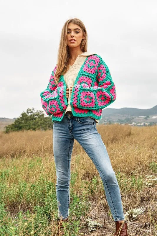 Boho Chic Two-Tone Floral Crochet Open Knit Cardigan