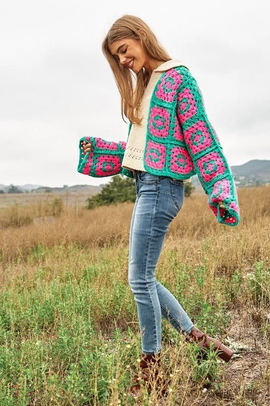 Boho Chic Two-Tone Floral Crochet Open Knit Cardigan