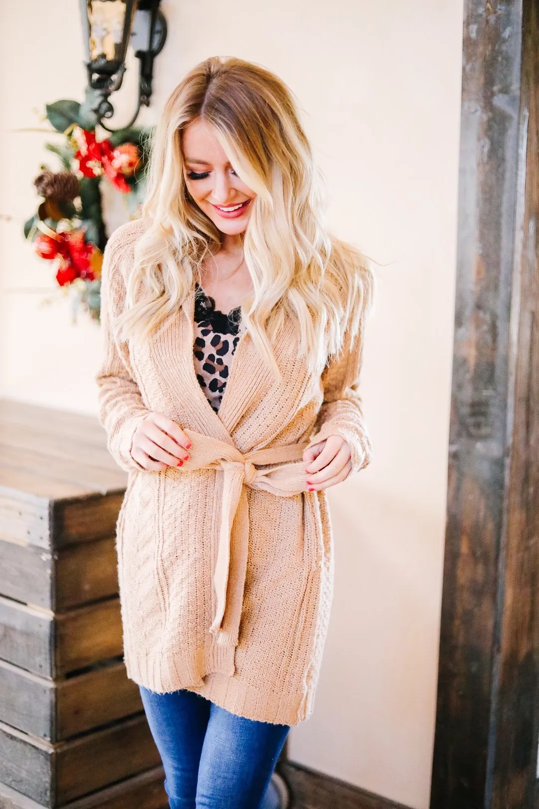 Cable Knit Belted Cardigan In Caramel