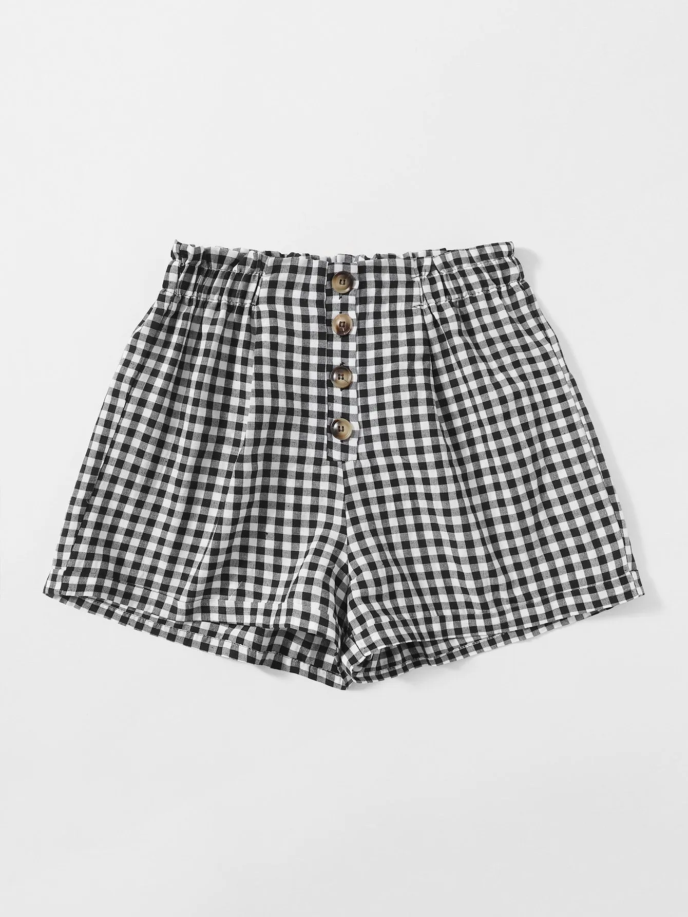 Casual Gingham Button Front High Waist Women Shorts