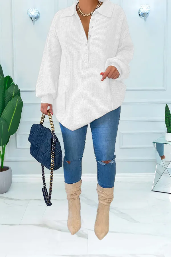 Casual Lantern Sleeve Dual Pocket Sweater