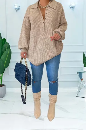 Casual Lantern Sleeve Dual Pocket Sweater