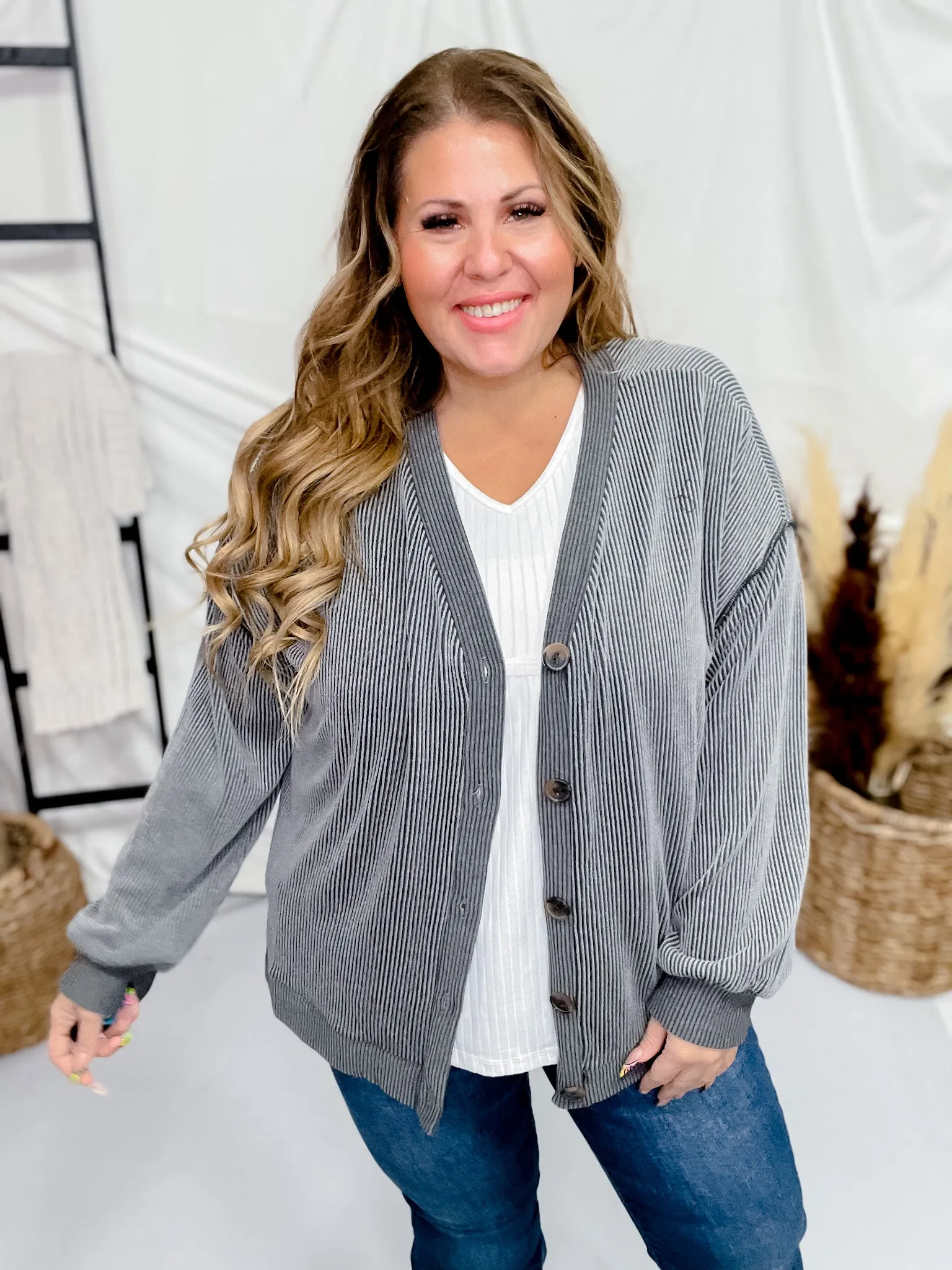 Charcoal Ribbed Button Down Cardigan