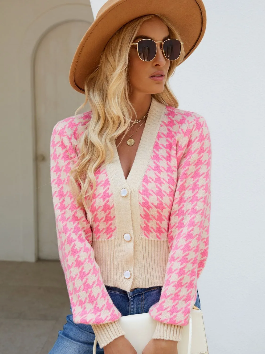 Courtney Houndstooth Button Up Long Sleeve Cardigan