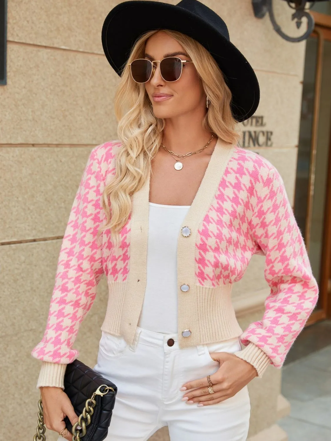 Courtney Houndstooth Button Up Long Sleeve Cardigan