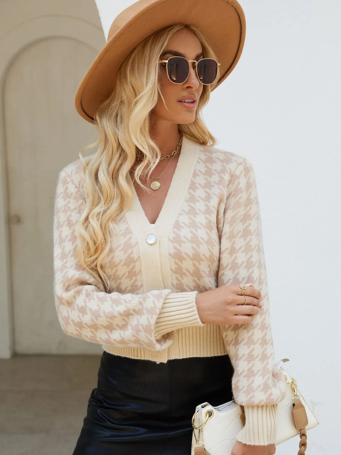 Courtney Houndstooth Button Up Long Sleeve Cardigan