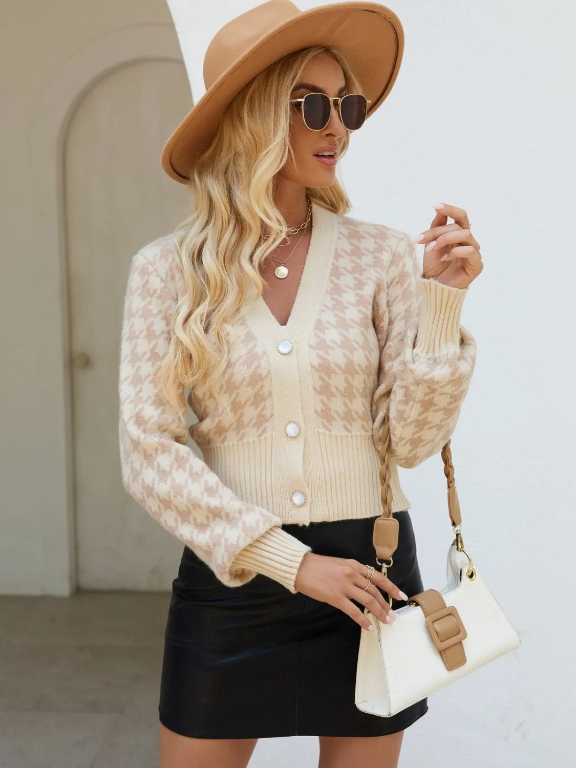 Courtney Houndstooth Button Up Long Sleeve Cardigan