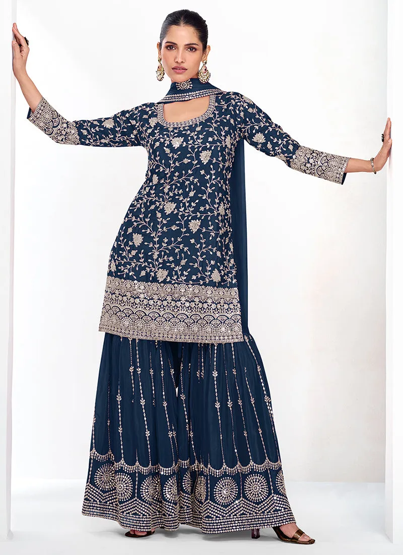 Dark Blue Traditional Embroidery Festive Gharara Suit