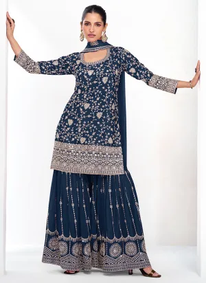 Dark Blue Traditional Embroidery Festive Gharara Suit