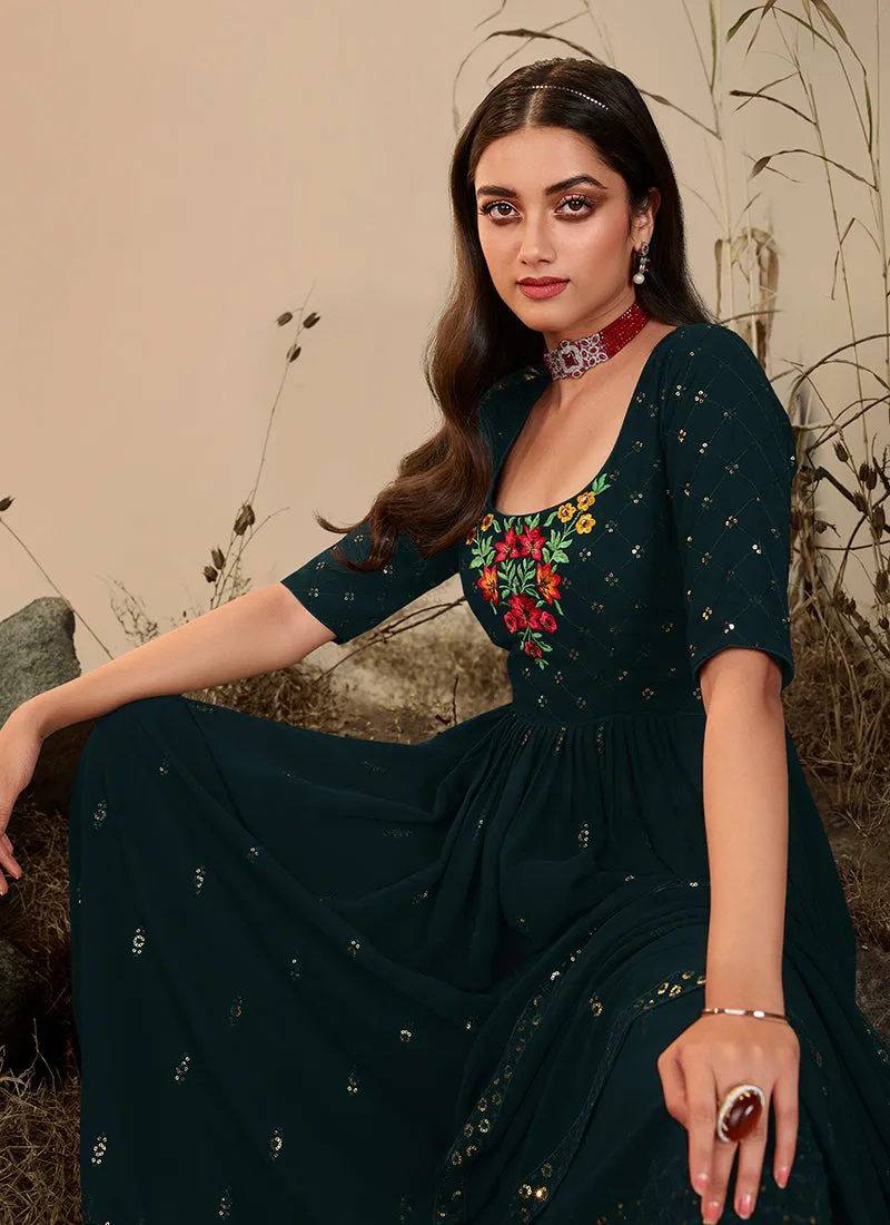 Dark Green Sequence Embroidered Festive Palazzo Suit