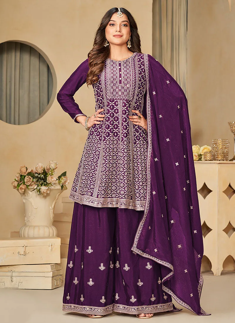 Deep Purple Reshamkari Embroidery Festive Palazzo Suit