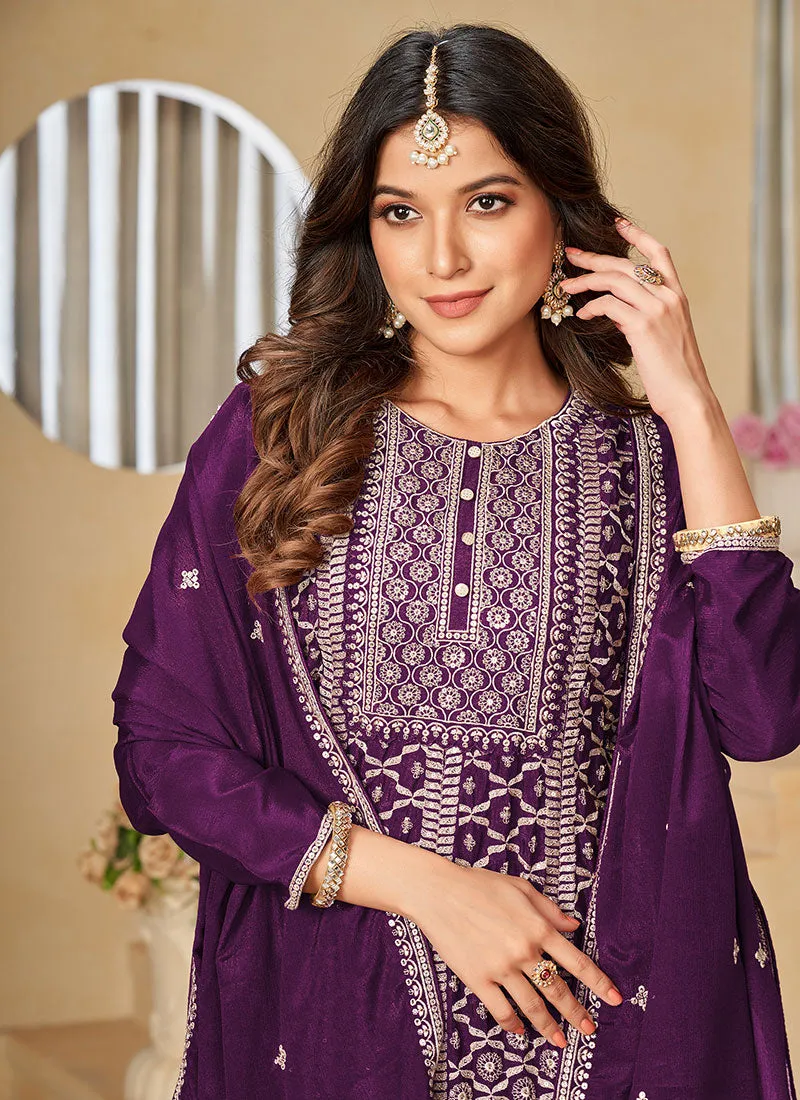 Deep Purple Reshamkari Embroidery Festive Palazzo Suit