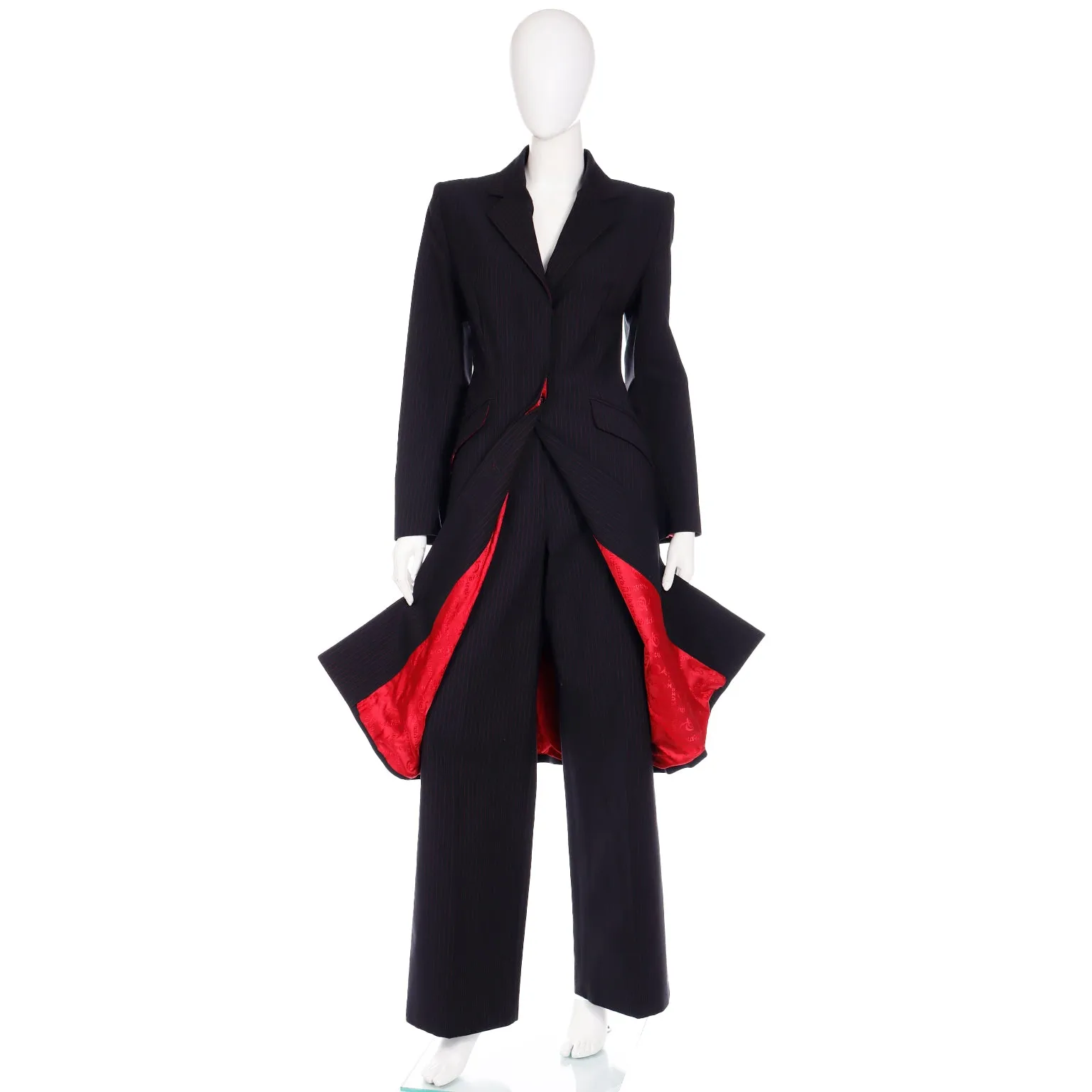 Documented 1998 Joan Alexander McQueen Red Pinstripe Vintage Coat Pant Suit 10