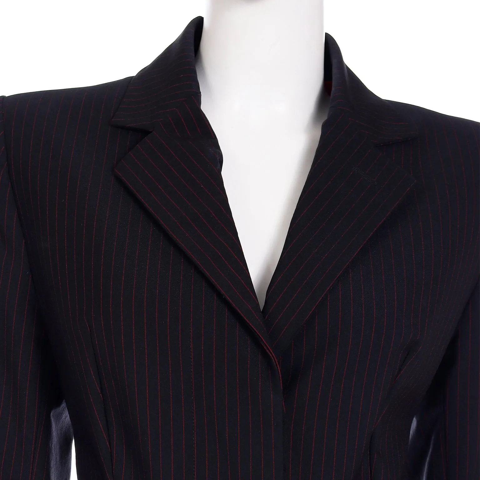 Documented 1998 Joan Alexander McQueen Red Pinstripe Vintage Coat Pant Suit 10