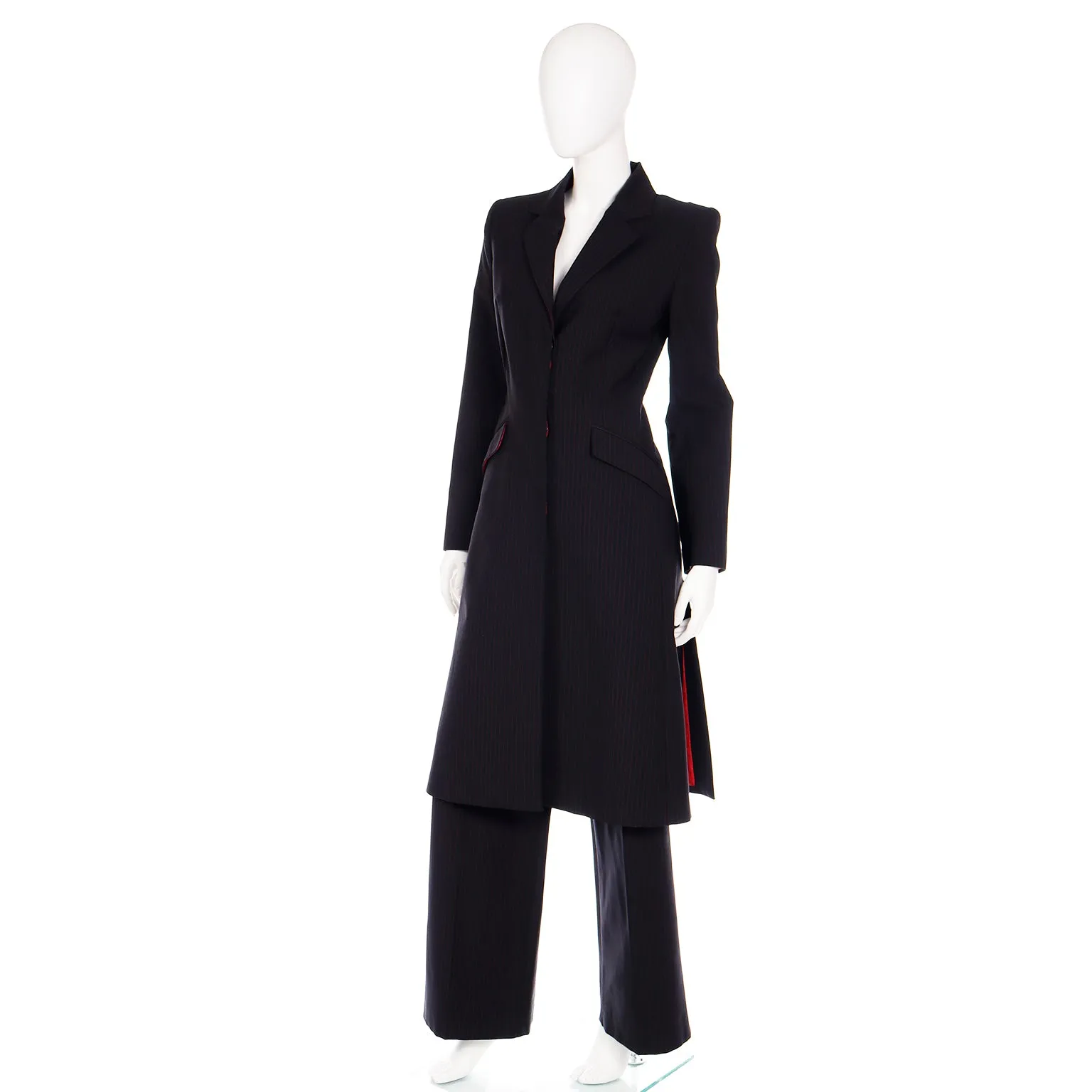 Documented 1998 Joan Alexander McQueen Red Pinstripe Vintage Coat Pant Suit 10