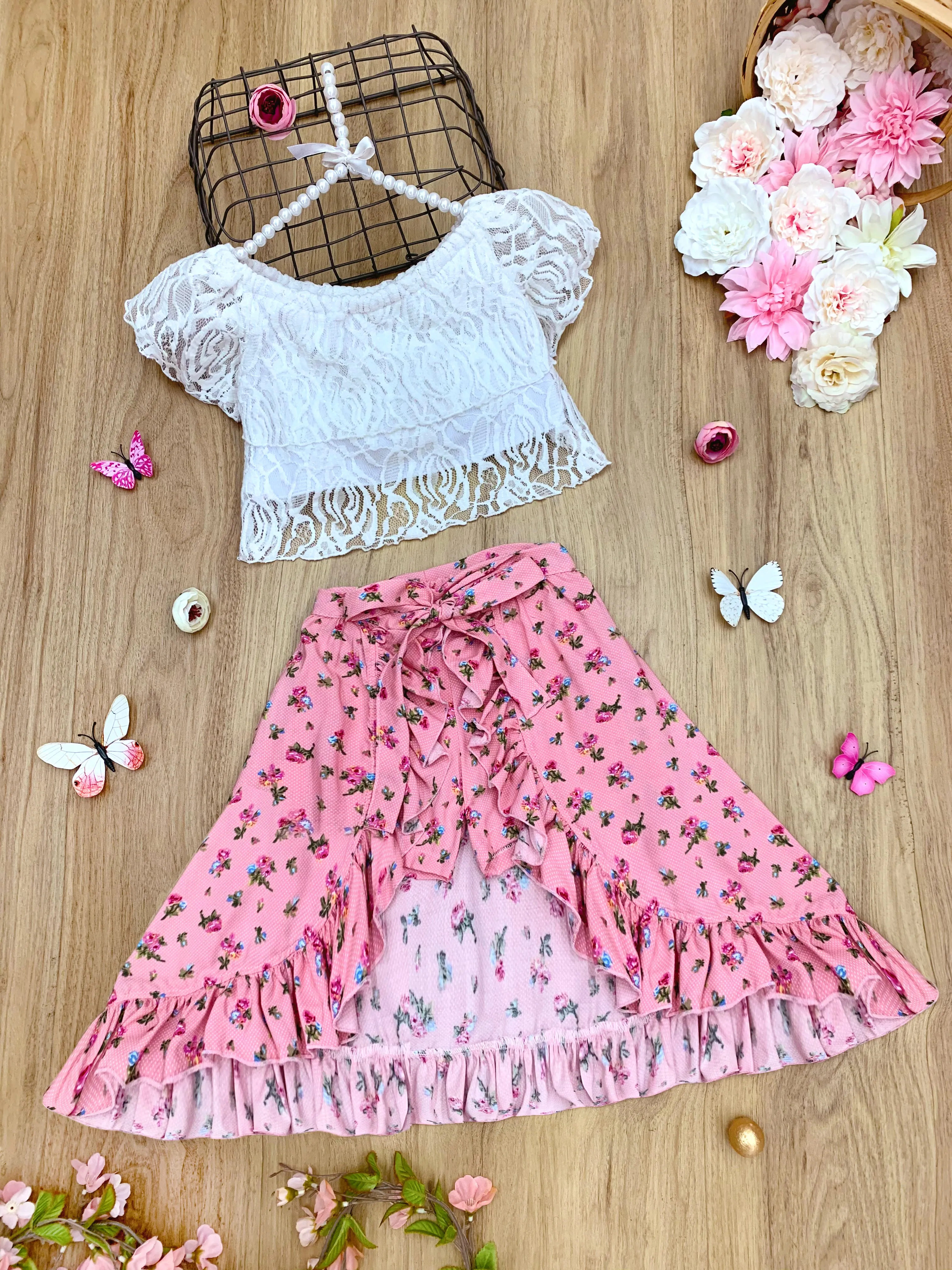 Girls Spring Lovin' Lace Crop Top, Shorts and Wrap Skirt Set