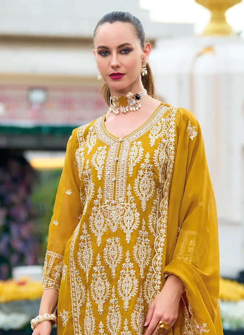 Golden Yellow Traditional Embroidery Pakistani Pant Suit