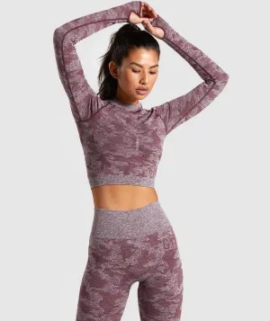 Gymshark Camo Seamless Long Sleeve Crop Top - Berry Red