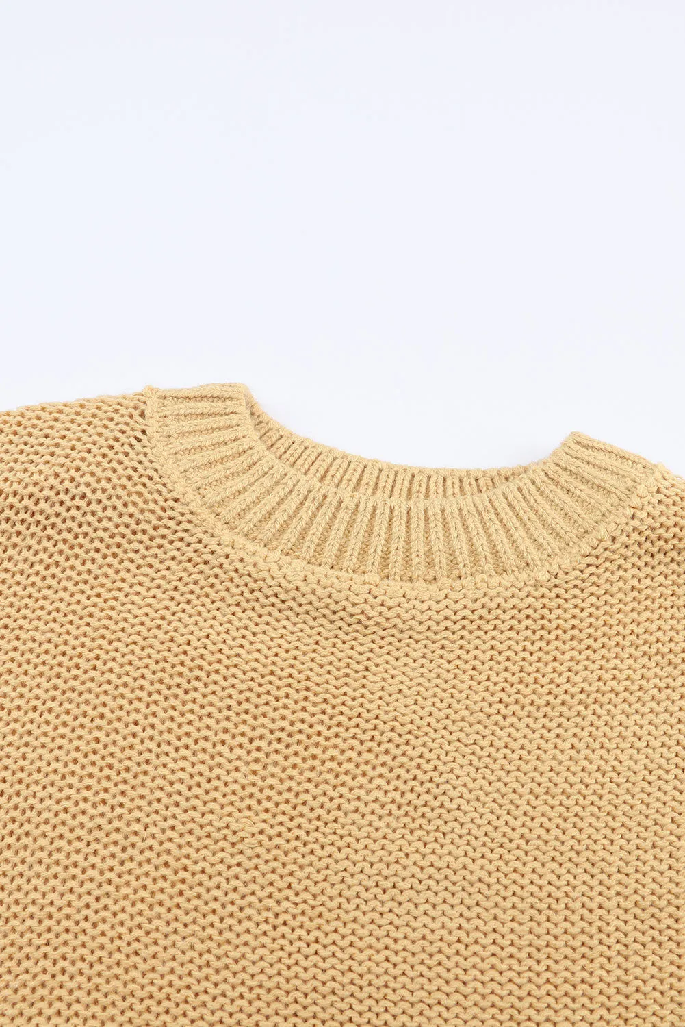 Hollowed Bubble Sleeve Khaki Knit Sweater