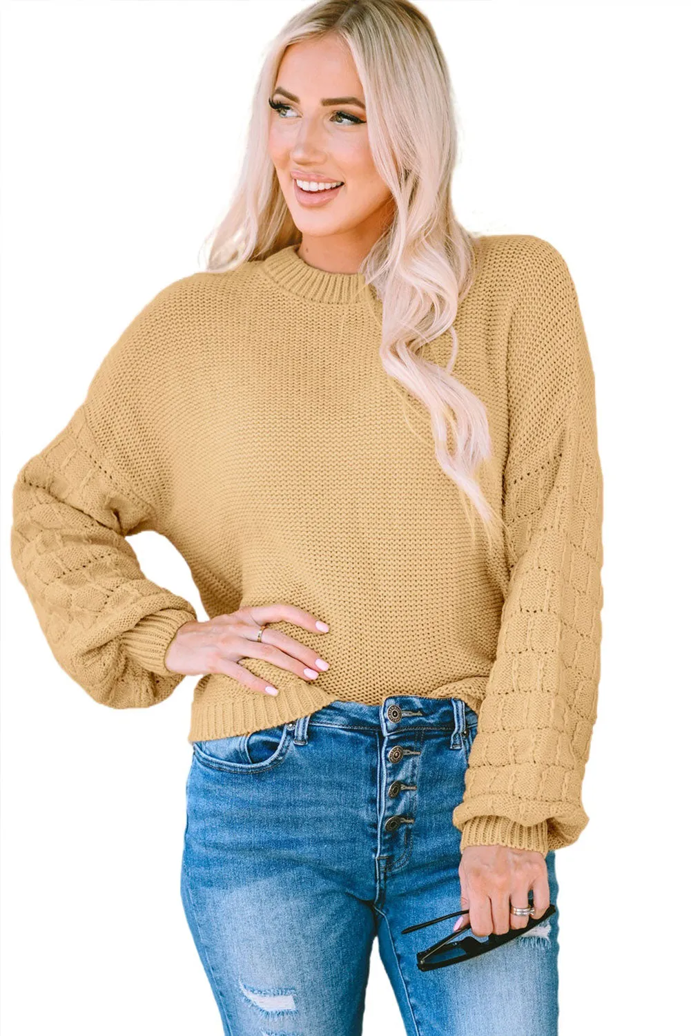 Hollowed Bubble Sleeve Khaki Knit Sweater