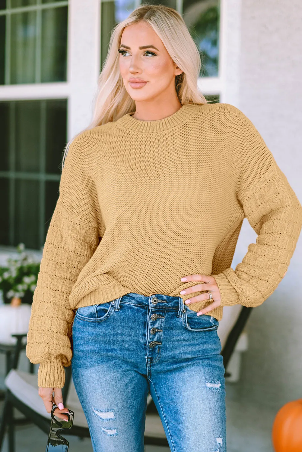 Hollowed Bubble Sleeve Khaki Knit Sweater