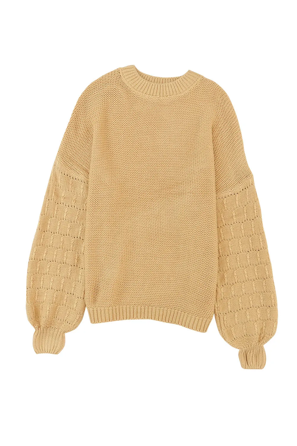 Hollowed Bubble Sleeve Khaki Knit Sweater