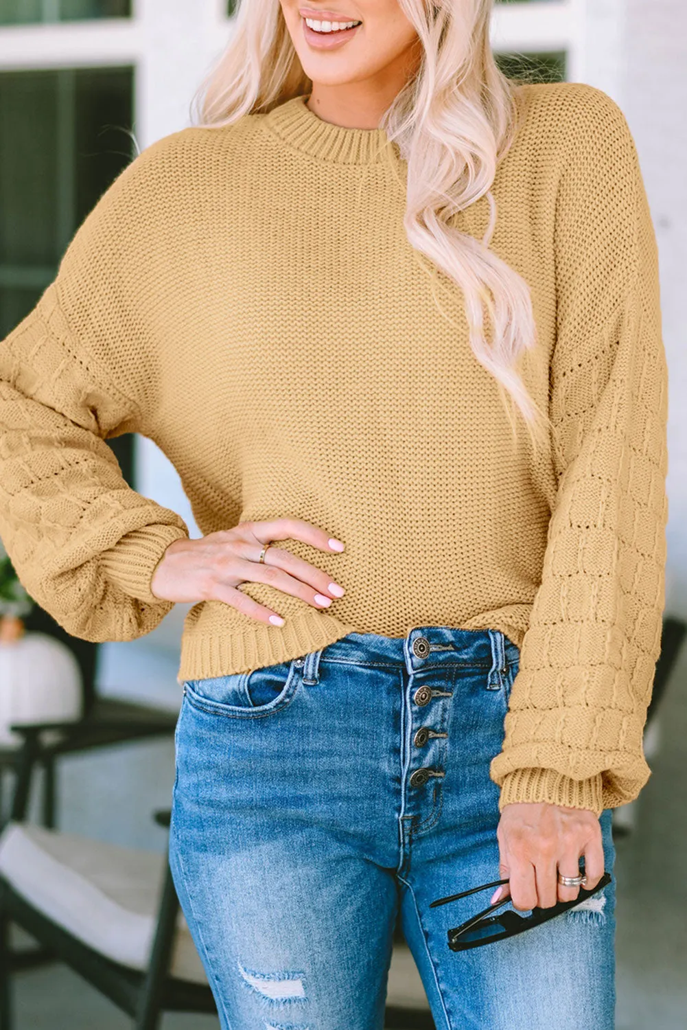 Hollowed Bubble Sleeve Khaki Knit Sweater