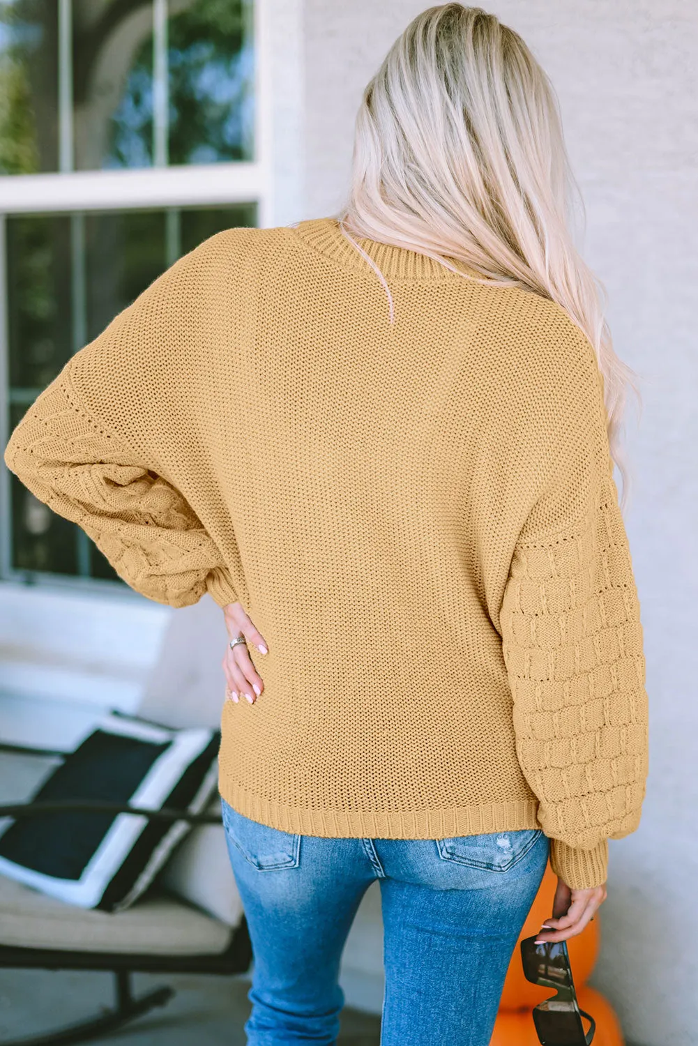 Hollowed Bubble Sleeve Khaki Knit Sweater