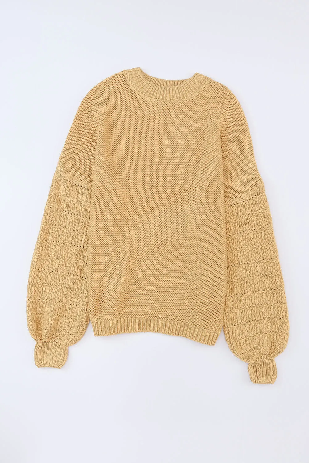 Hollowed Bubble Sleeve Khaki Knit Sweater