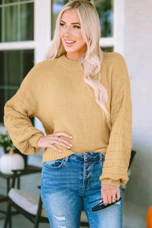 Hollowed Bubble Sleeve Khaki Knit Sweater