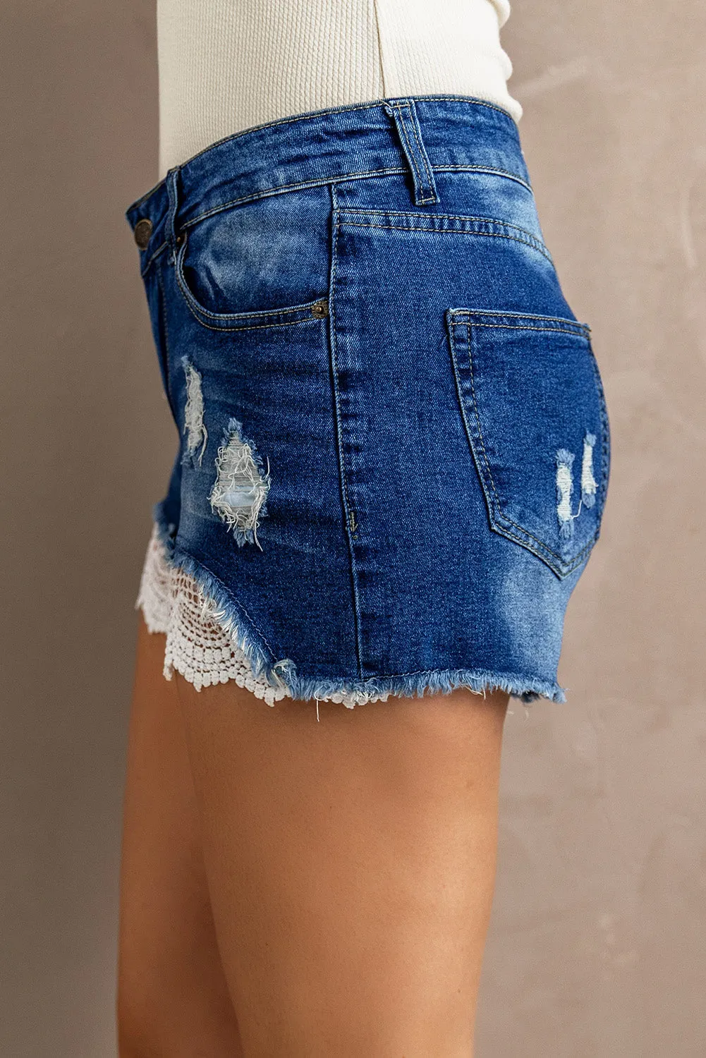 Lace Distressed Jean Shorts